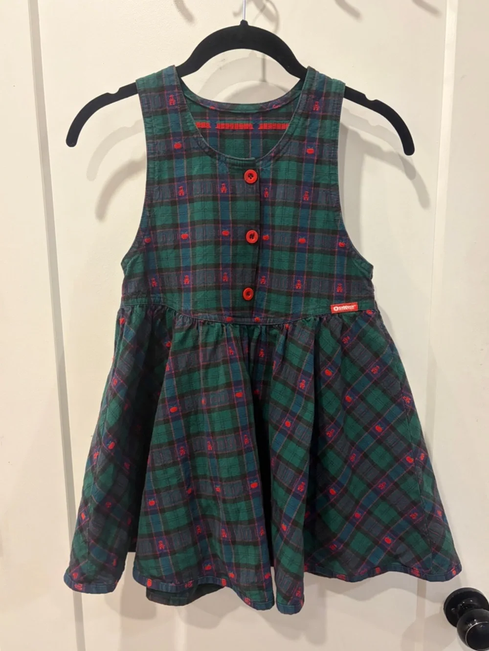 Vintage OshKosh Bgosh Green Plaid Sleeveless Girls Dress with Red Buttons - Picture 5 of 15